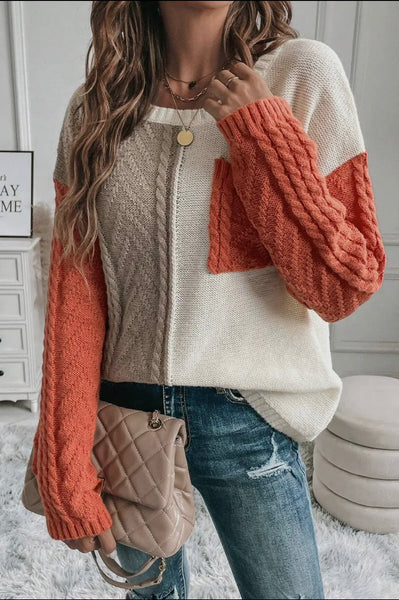 Colorblock Cable Patch Pocket Sweater