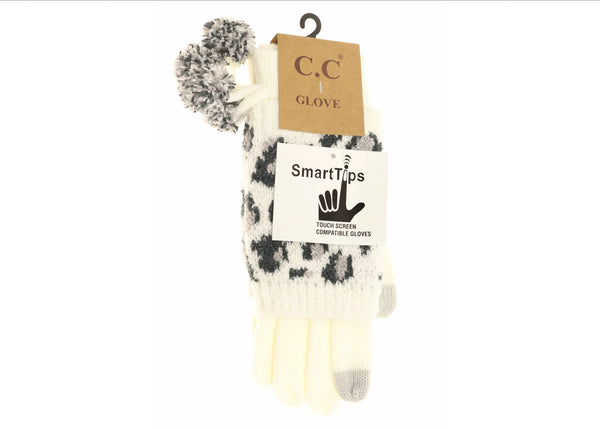 Leopard Print Cuffed Gloves W Pom