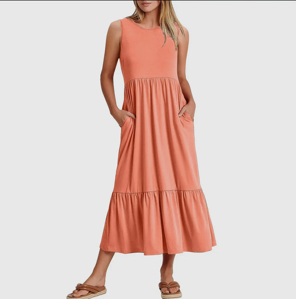 Sleeveless Pockets Simple Midi Dress