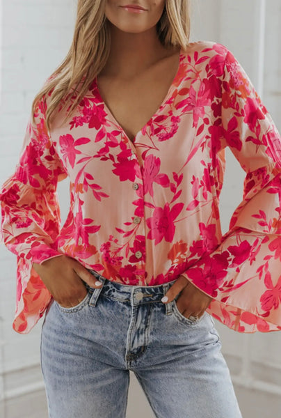 Floral Print Tiered Bell Long Sleeve Buttoned Bodysuit