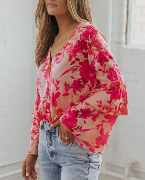 Floral Print Tiered Bell Long Sleeve Buttoned Bodysuit