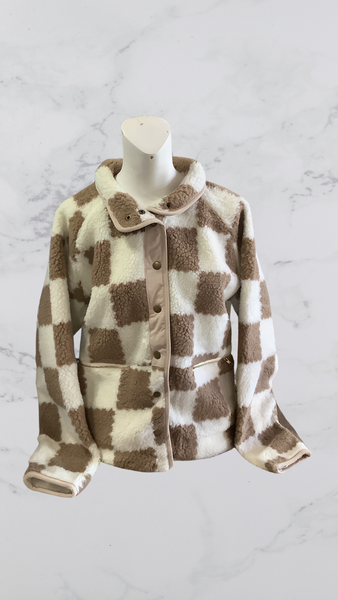 Brown Checkered Snap Button Sherpa Jacket