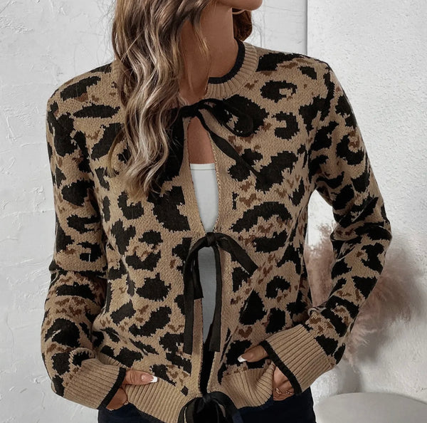 Leopard Print Bow Strap Knit Cardigan Jacket