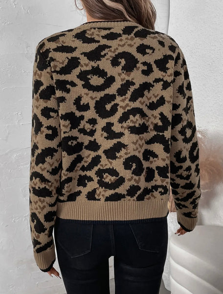 Leopard Print Bow Strap Knit Cardigan Jacket