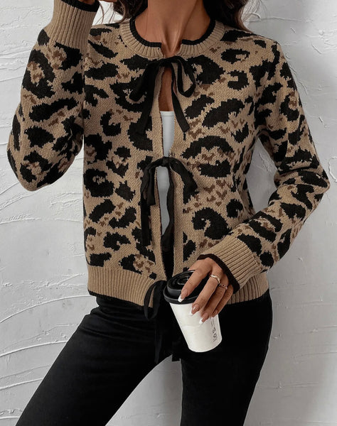 Leopard Print Bow Strap Knit Cardigan Jacket